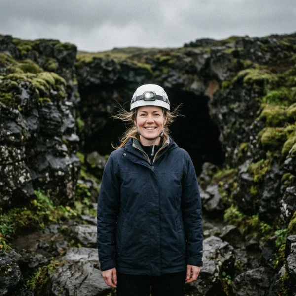Hrafnhildur Ýr Jónsdóttir, caving guide, in a helmet at the entrance to the Raufarhólshellir lava tunnel in Þrengsli, Iceland