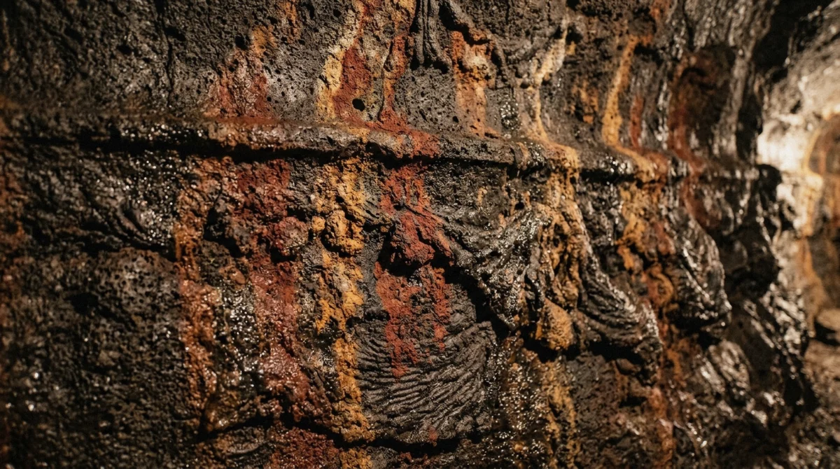 Close view of rust-red mineral colouring and frozen lava ripples on the wall of Raufarhólshellir, seen on the Underground Expedition tour, Iceland