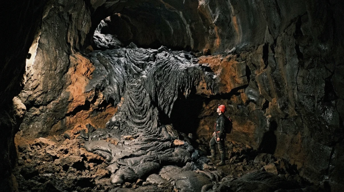 Frozen lava falls in the branching far end of Raufarhólshellir, the turnaround point of the Lava Falls Adventure tour, Iceland