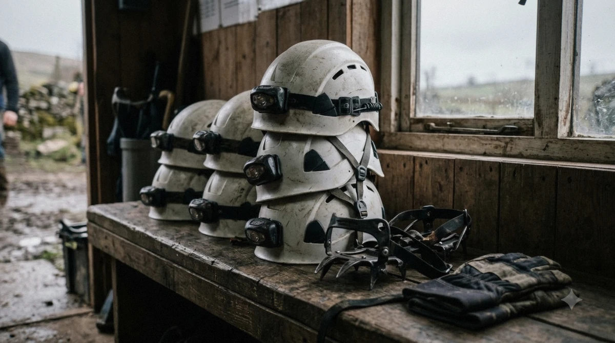 Helmets and headlamps laid out at the reception before a Raufarhólshellir lava tunnel tour at the cave entrance in Þrengsli, Iceland