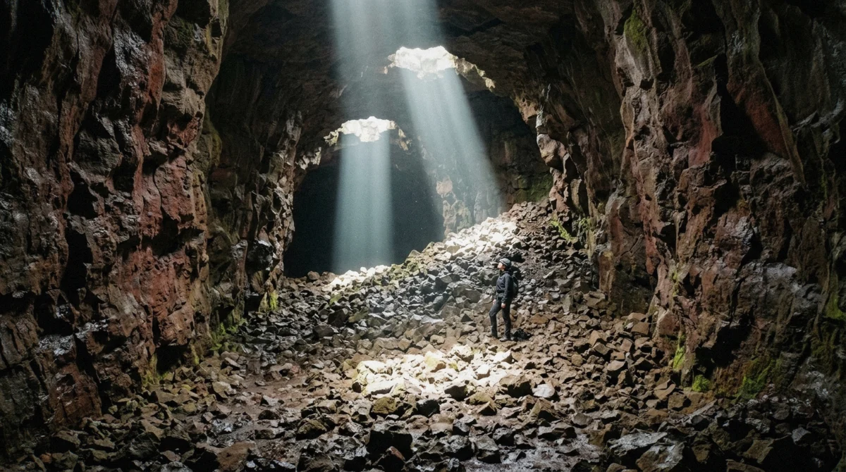 Columns of daylight falling through collapsed skylights near the entrance of Raufarhólshellir on a Raufarhólshellir lava tunnel tour, Þrengsli, Iceland